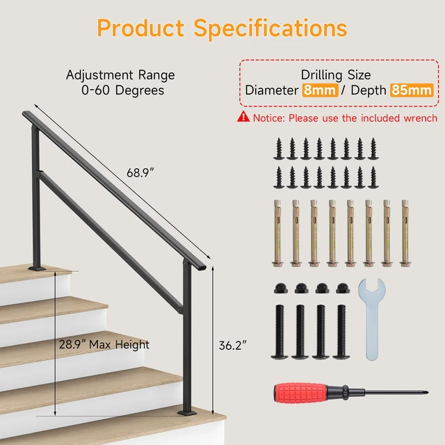 Alt view image 2 of 7 - Hand Rails for Outdoor Steps 2-5 Steps Wrought Iron Handrails Stair Railing for Porch, Home, Garden, Indoor, Staircase Handrails for Wooden, Cement, Brick, Marble (5 Steps)