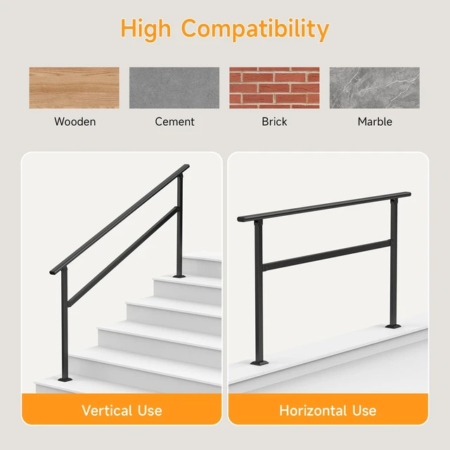Alt view image 4 of 7 - Hand Rails for Outdoor Steps 2-5 Steps Wrought Iron Handrails Stair Railing for Porch, Home, Garden, Indoor, Staircase Handrails for Wooden, Cement, Brick, Marble (5 Steps)