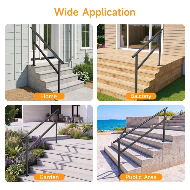 Alt view image 7 of 7 - Hand Rails for Outdoor Steps 2-5 Steps Wrought Iron Handrails Stair Railing for Porch, Home, Garden, Indoor, Staircase Handrails for Wooden, Cement, Brick, Marble (5 Steps)
