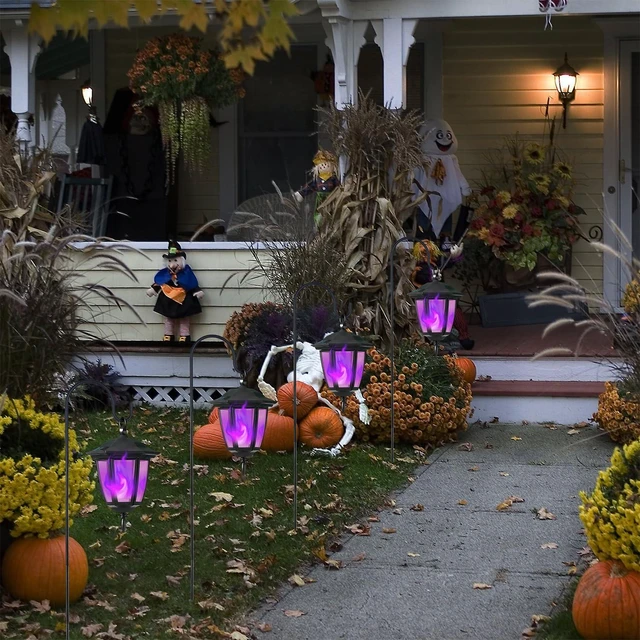 Alt view image 4 of 7 - 6 Pack Solar Halloween Flame Hanging Lights Outdoor, Flickering Flame LED Garden Lanterns with 4x38 Inch Shepherd Hooks, Landscape Lighting Waterproof for Lawn Yard Pathway Driveway, Purple
