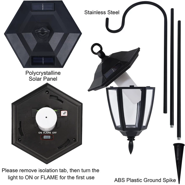 Alt view image 5 of 7 - 6 Pack Solar Halloween Flame Hanging Lights Outdoor, Flickering Flame LED Garden Lanterns with 4x38 Inch Shepherd Hooks, Landscape Lighting Waterproof for Lawn Yard Pathway Driveway, Purple