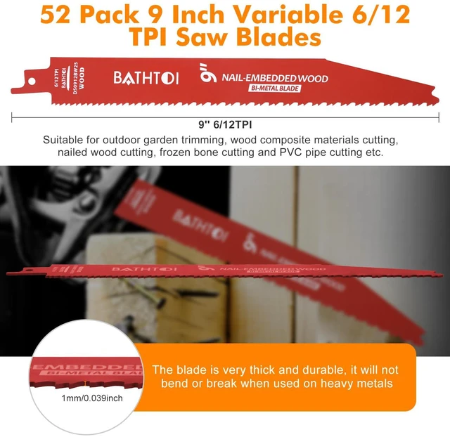 Alt view image 5 of 6 - 52 Pack 9 Inch 6/12 Tpi Reciprocating Saw Blades for Nail-Embedded Wood for Wood & Nail-Embedded Wood, Bi-Metal Sawzall Blades, Dual Tooth Design, with 8% Cobalt, Longer Life & Faster Cutting Speed