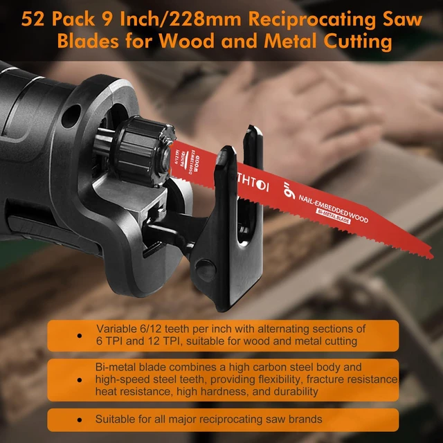 Alt view image 6 of 6 - 52 Pack 9 Inch 6/12 Tpi Reciprocating Saw Blades for Nail-Embedded Wood for Wood & Nail-Embedded Wood, Bi-Metal Sawzall Blades, Dual Tooth Design, with 8% Cobalt, Longer Life & Faster Cutting Speed