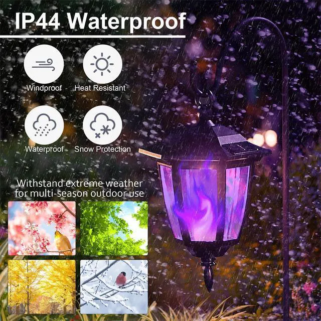 Alt view image 7 of 7 - 6 Pack Solar Halloween Flame Hanging Lights Outdoor, Flickering Flame LED Garden Lanterns with 4x38 Inch Shepherd Hooks, Landscape Lighting Waterproof for Lawn Yard Pathway Driveway, Purple