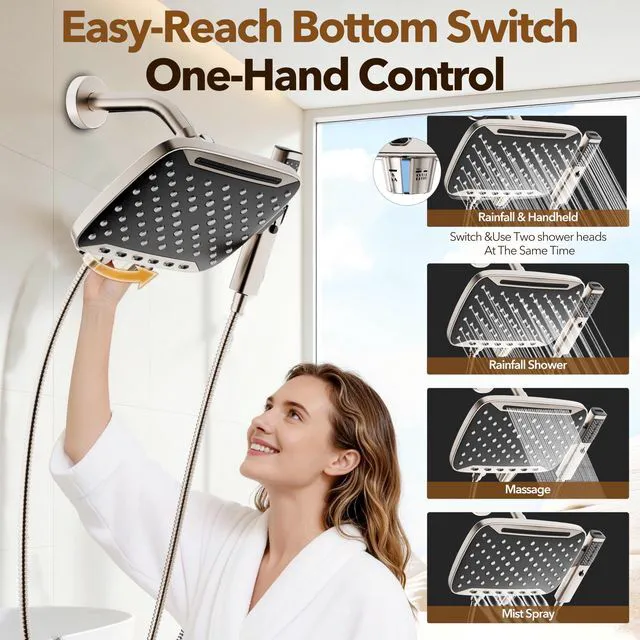 Alt view image 2 of 7 - High Pressure Rain Shower Head with Handheld Spray Brushed Nickel 7 Modes Dual Shower Head, 10-inch Rainfall Showerheads Combo, Detachable Hand Held Shower Wand, Power Jets, 71" Shower Hose
