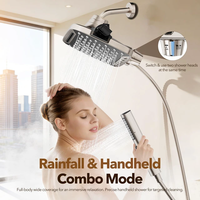 Alt view image 4 of 7 - High Pressure Rain Shower Head with Handheld Spray Brushed Nickel 7 Modes Dual Shower Head, 10-inch Rainfall Showerheads Combo, Detachable Hand Held Shower Wand, Power Jets, 71" Shower Hose