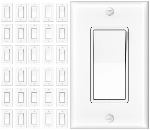 Main image of 30 Pack Single Pole & 3 Way Light Switches with Wall Plates UL Listed 120/277V On/Off Rocker Paddle Interrupter, Grounding Screw, Residential Grade, for Home and Business, White