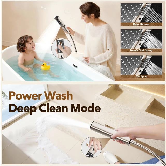 Alt view image 6 of 7 - High Pressure Rain Shower Head with Handheld Spray Brushed Nickel 7 Modes Dual Shower Head, 10-inch Rainfall Showerheads Combo, Detachable Hand Held Shower Wand, Power Jets, 71" Shower Hose