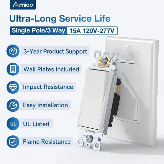 Alt view image 2 of 7 - 30 Pack Single Pole & 3 Way Light Switches with Wall Plates UL Listed 120/277V On/Off Rocker Paddle Interrupter, Grounding Screw, Residential Grade, for Home and Business, White