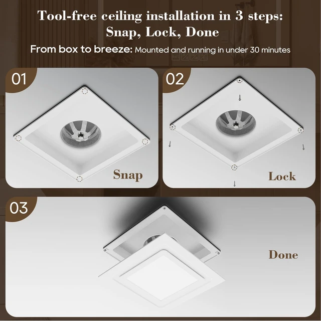 Alt view image 6 of 7 - Ultra Quiet Bathroom Exhaust Fan with Light, 120 CFM, 1.0 Sones 1000 Lumens LED Light, Easy Installation, Energy-Efficient Design, 10" × 10" Ceiling Mount
