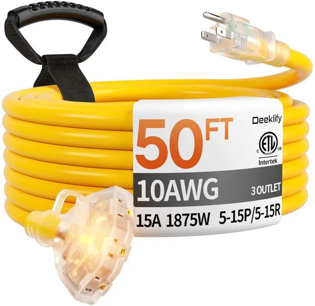 Main image of 50FT 10 Gauge Extension Cord with Multiple Outlets Outdoor Yellow Heavy Duty 3 Outlet Extension Cord 50 Feet, Indicator, Yellow Flexible Waterproof SJTW, 15A 1875W, ETL Listed, Home/Garden