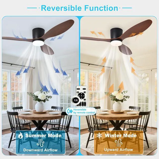 Alt view image 2 of 7 - Flush Mount Ceiling Fan: 52-Inch Black Ceiling Fans with Lights for Bedroom Indoor Outdoor - Low Profile Ceiling Fans with Remote Control 24W 3CCT Dimmable 3 Reversible Walnut Blades 6 Speeds