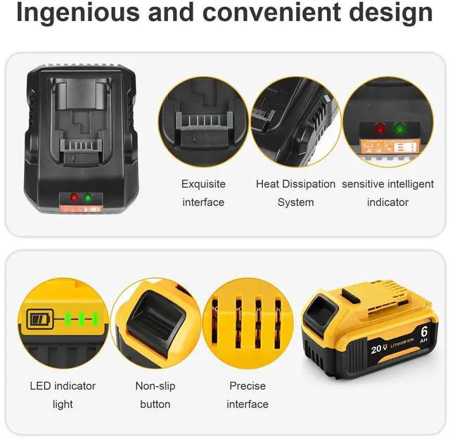 Alt view image 5 of 7 - 20V Max Battery Replacement 2-Pack for Dewalt Battery - Upgraded 6.0Ah High Capacity with DCB112 Battery Charger Station for DCB200 DCB120(Black)