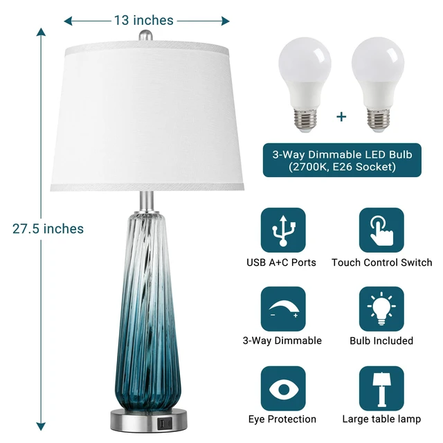 Alt view image 4 of 6 - Table Lamps Set of 2 with Touch Control, Modern Glass Bedside Lamps with USB A+C Ports, 3-Way Dimmable Nightstand Lamp with White Fabric Shade, 27.5" Large Lamps for Living Room Bedrooms Decorations