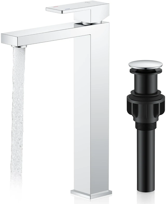 Main image of Chrome Vessel Sink Faucet 1 Handle, Tall Bathroom Sink Faucet 1 Hole Vessel Bowl Faucet with Pop Up Drain & Supply Lines, Lead-Free cUPC & NSF Certified, 1 Hole Faucet for Vanity RV Restroom