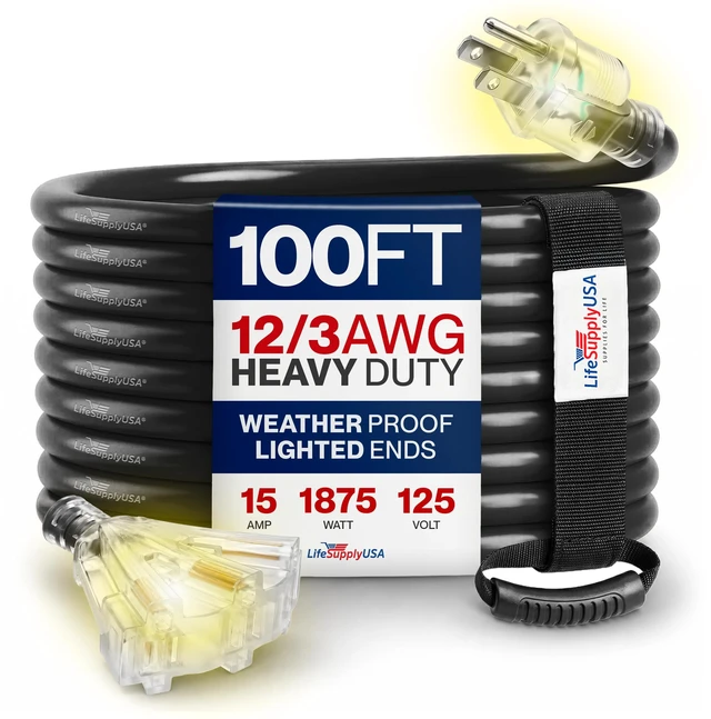 Main image of 100ft Outdoor/Indoor Extension Cord 3-Outlet 12/3 Gauge Extra Heavy Duty 3 Prong SJTW, Waterproof, Flexible Cold-Resistant Long Power Cord,15A 125V 1875W, Black by