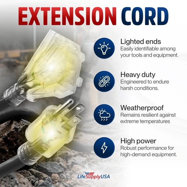 Alt view image 2 of 7 - 75ft Outdoor/Indoor Extension Cord 3-Outlet 12/3 Gauge Extra Heavy Duty 3 Prong SJTW, Waterproof, Flexible Cold-Resistant Long Power Cord,15A 125V 1875W, Black by