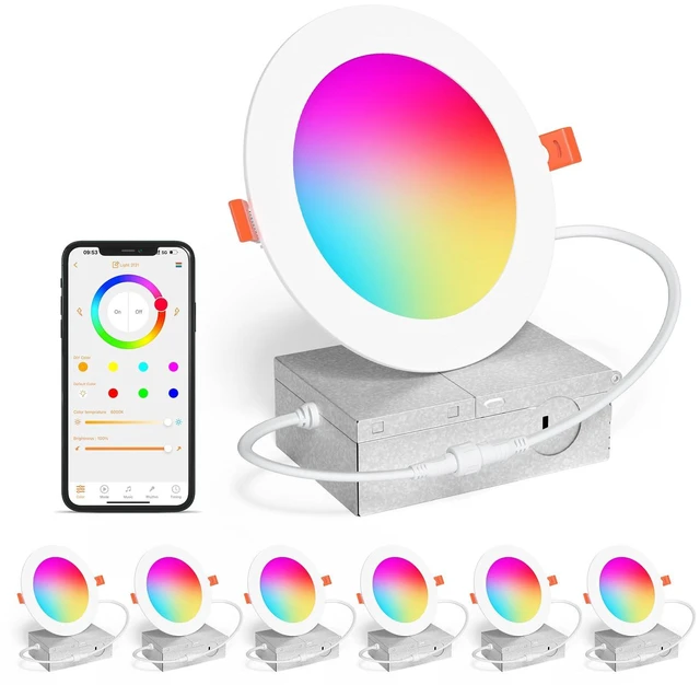 Main image of Smart Recessed Lighting 4 Inch RGBCW Color Changing 12W LED Downlight with Junction Box,1100 Lumen Recessed Ceiling Light Compatible with Alexa,Dimmable by Bluetooth Control -6Pack