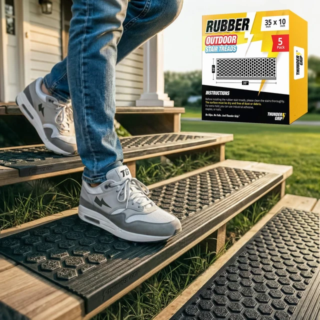 Main image of Rubber Stair Treads Outdoor 35" x 10" 5-Pack - Heavy-Duty Non-Slip Rubber Outdoor Stair Treads Non-Slip Weather Resistant, Exterior Rubber Mats for Wooden Steps, Anti Slip Step Covers by