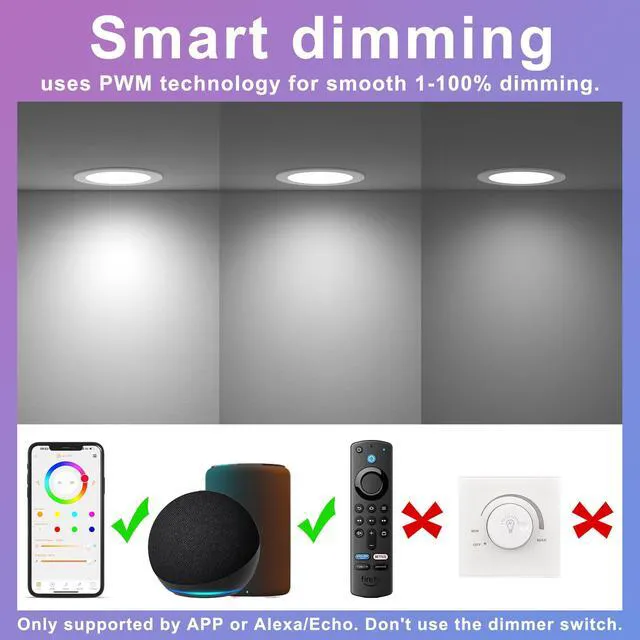 Alt view image 7 of 7 - Smart Recessed Lighting 6 Inch RGBCW Color Changing 16W LED Downlight with Junction Box,1350 Lumen Recessed Ceiling Light Compatible with Alexa,Dimmable by Bluetooth Control -6Pack