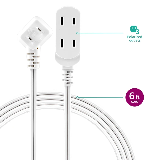 Alt view image 2 of 6 - 3-Outlet Flat Plug Extension Cord - 6 Ft, Indoor Use, Safety Slide, 2 Prong White, ETL Listed SPS3613W/37 (Pack of 12)