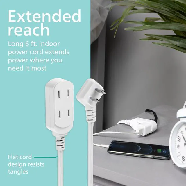 Alt view image 5 of 6 - 3-Outlet Flat Plug Extension Cord - 6 Ft, Indoor Use, Safety Slide, 2 Prong White, ETL Listed SPS3613W/37 (Pack of 12)