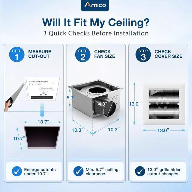 Alt view image 2 of 7 - Bathroom Exhaust Fan, 1.5 Sones, 160 CFM, No Attic Access Needed Low Noise, Ceiling Mounted Retrofit Ventilation Fans, 4 Inch Duct, 10.7'' x 10.7'' Ceiling Opening, Modern Grille, ETL & FCC