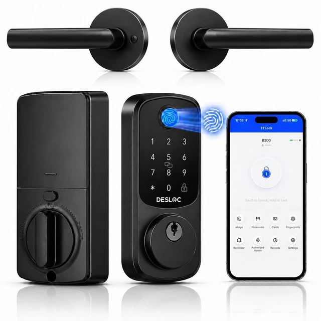 Main image of B200 Fingerprint Smart Lock with 2 Elegant Round Lever Handles 8-in-1 Unlock, Elegant Round Lever Design, Electronic Keypad Deadbolt, App Control, Auto Lock, Long Battery Life, Matte Black