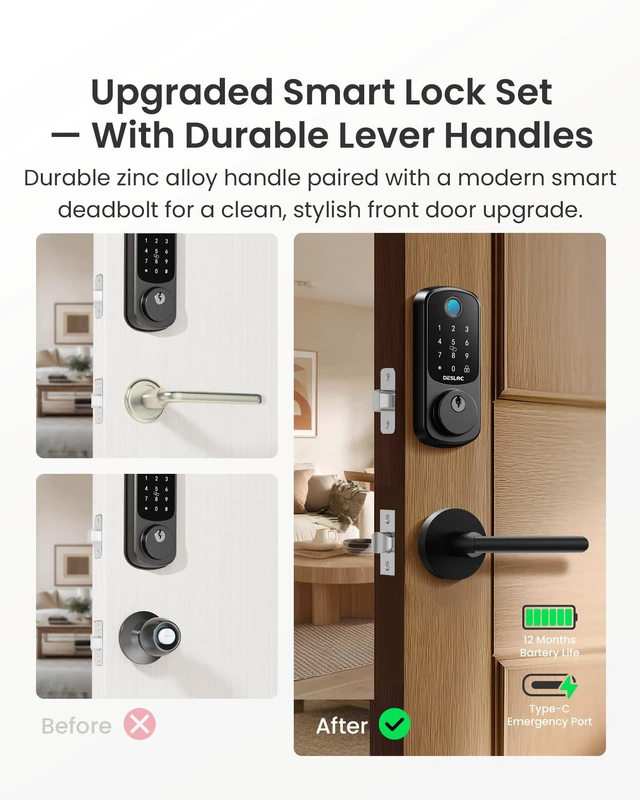 Alt view image 2 of 7 - B200 Fingerprint Smart Lock with 2 Elegant Round Lever Handles 8-in-1 Unlock, Elegant Round Lever Design, Electronic Keypad Deadbolt, App Control, Auto Lock, Long Battery Life, Matte Black