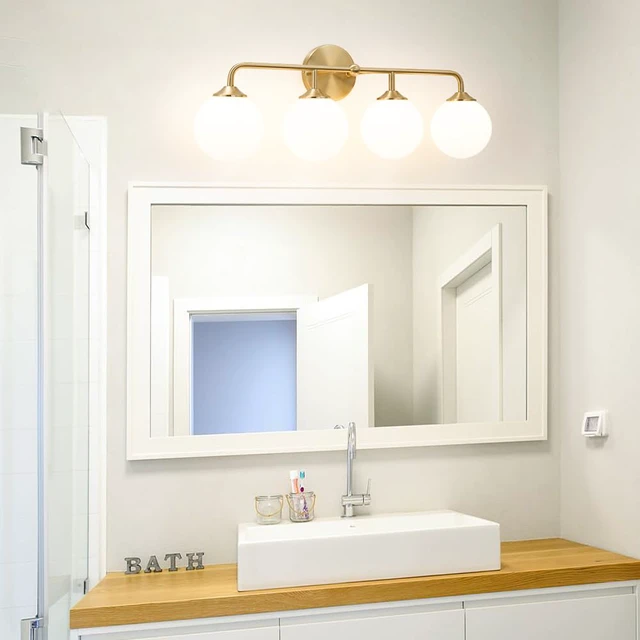 Alt view image 2 of 7 - Modern Brushed Brass Bathroom Light Fixtures, Elegant Gold 4-Lights Vanity Light Fixtures, Milky White Globe Glass Shade Vanity Light over Mirror, Wall Sconces for Bathroom Dressing Table Bedroom