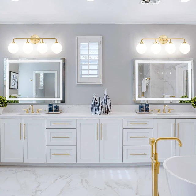 Alt view image 3 of 7 - Modern Brushed Brass Bathroom Light Fixtures, Elegant Gold 4-Lights Vanity Light Fixtures, Milky White Globe Glass Shade Vanity Light over Mirror, Wall Sconces for Bathroom Dressing Table Bedroom