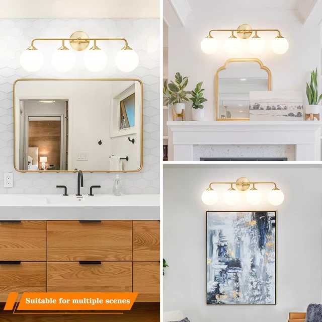 Alt view image 4 of 7 - Modern Brushed Brass Bathroom Light Fixtures, Elegant Gold 4-Lights Vanity Light Fixtures, Milky White Globe Glass Shade Vanity Light over Mirror, Wall Sconces for Bathroom Dressing Table Bedroom