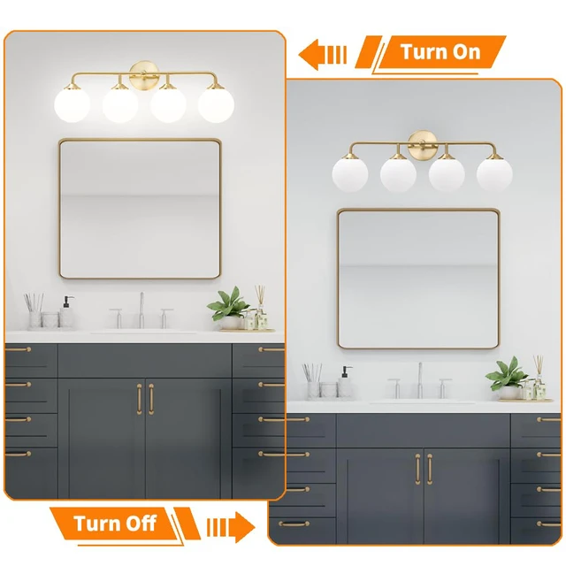 Alt view image 5 of 7 - Modern Brushed Brass Bathroom Light Fixtures, Elegant Gold 4-Lights Vanity Light Fixtures, Milky White Globe Glass Shade Vanity Light over Mirror, Wall Sconces for Bathroom Dressing Table Bedroom