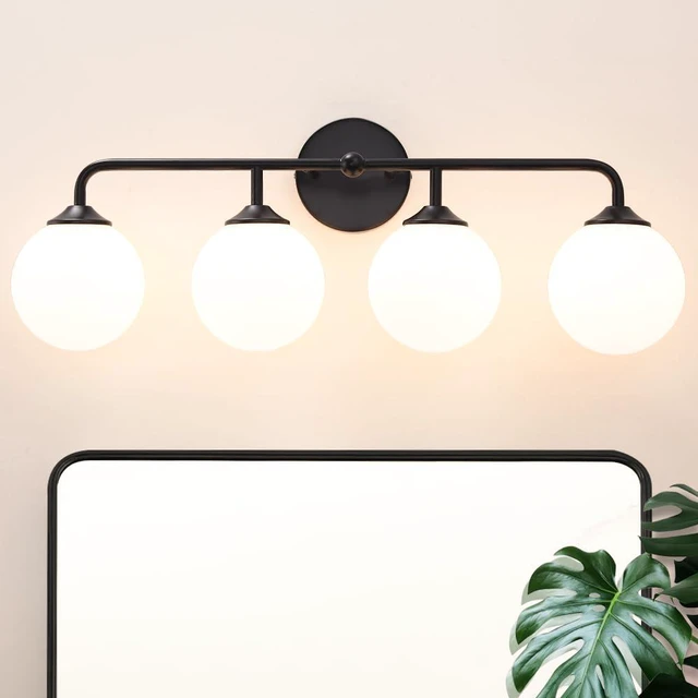 Main image of 4-Lights Black Vanity Lights with Milky White Globe Glass Shade, Industrial Bathroom Wall Sconces Light over Mirror, Vanity Lighting Fixture for Bathroom Dressing Table Bedroom Living Room