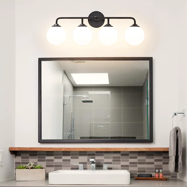 Alt view image 2 of 7 - 4-Lights Black Vanity Lights with Milky White Globe Glass Shade, Industrial Bathroom Wall Sconces Light over Mirror, Vanity Lighting Fixture for Bathroom Dressing Table Bedroom Living Room