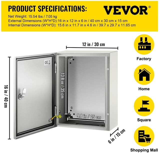 Alt view image 7 of 7 - Electrical Enclosure Box, 16'' ×12'' ×6'', Carbon Steel Hinged Junction Box, IP66 Waterproof & Dustproof, Outdoor Electrical Box, with Mounting Plate
