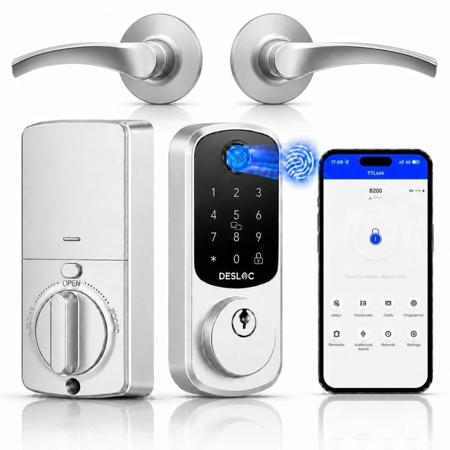 Main image of B200 Fingerprint Smart Lock with 2 Ergonomic Curved Handles 8-in-1 Unlock, Palm-Friendly Curve for Natural Comfort, ADA-Compliant Lever, App Control, Auto Lock, Long Battery Life,Silver