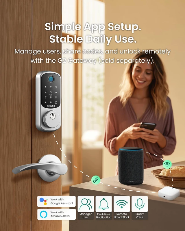Alt view image 3 of 7 - B200 Fingerprint Smart Lock with 2 Ergonomic Curved Handles 8-in-1 Unlock, Palm-Friendly Curve for Natural Comfort, ADA-Compliant Lever, App Control, Auto Lock, Long Battery Life,Silver