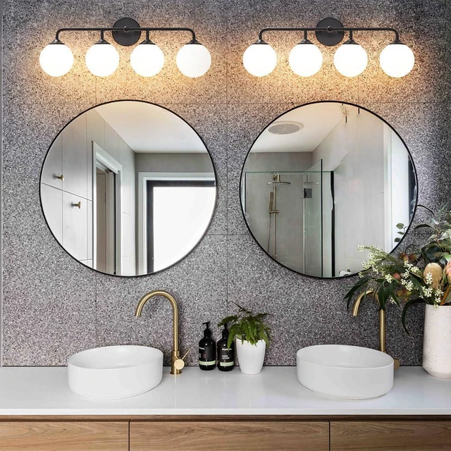 Alt view image 3 of 7 - 4-Lights Black Vanity Lights with Milky White Globe Glass Shade, Industrial Bathroom Wall Sconces Light over Mirror, Vanity Lighting Fixture for Bathroom Dressing Table Bedroom Living Room