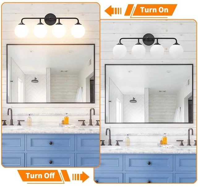 Alt view image 5 of 7 - 4-Lights Black Vanity Lights with Milky White Globe Glass Shade, Industrial Bathroom Wall Sconces Light over Mirror, Vanity Lighting Fixture for Bathroom Dressing Table Bedroom Living Room