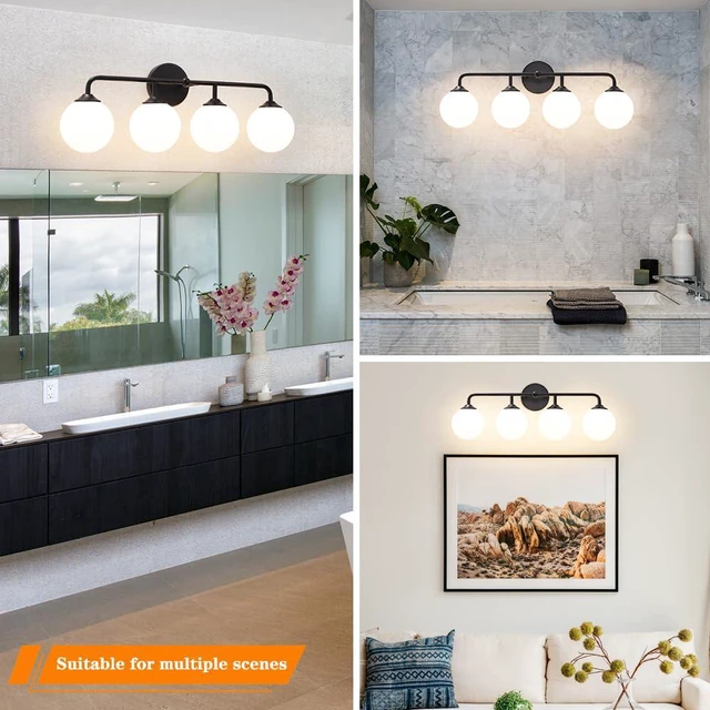 Alt view image 4 of 7 - 4-Lights Black Vanity Lights with Milky White Globe Glass Shade, Industrial Bathroom Wall Sconces Light over Mirror, Vanity Lighting Fixture for Bathroom Dressing Table Bedroom Living Room