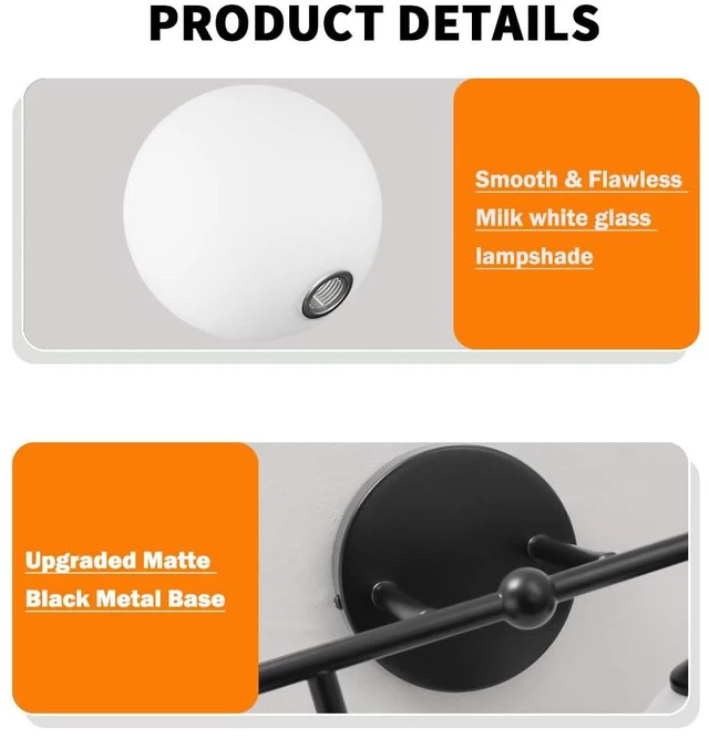 Alt view image 6 of 7 - 4-Lights Black Vanity Lights with Milky White Globe Glass Shade, Industrial Bathroom Wall Sconces Light over Mirror, Vanity Lighting Fixture for Bathroom Dressing Table Bedroom Living Room