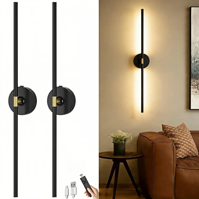 Main image of Battery Operated Wall Sconce Set of 2: 10000mAh Wireless Sconces Rechargeable Wall Lights with Touch and Remote, 360° Rotate Cordless Wall Lamp for Bedroom Living Room Hallway, 31.5 Inch, Black