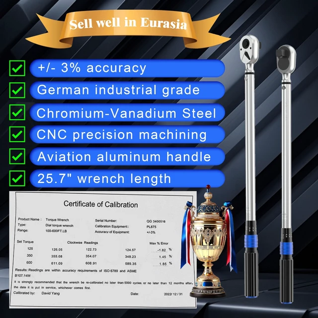 Alt view image 2 of 7 - 3/4'' 100-400 Ft Lb Torque Wrench Heavy Duty, Dual Direction High hardness, Long, Stored In a Solid Case, Quick Release, Cr-V