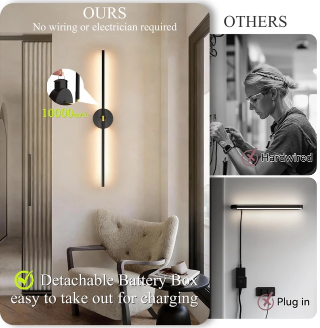 Alt view image 4 of 7 - Battery Operated Wall Sconce Set of 2: 10000mAh Wireless Sconces Rechargeable Wall Lights with Touch and Remote, 360° Rotate Cordless Wall Lamp for Bedroom Living Room Hallway, 31.5 Inch, Black
