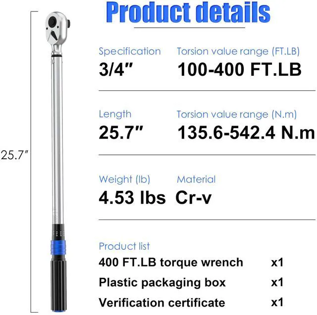 Alt view image 5 of 7 - 3/4'' 100-400 Ft Lb Torque Wrench Heavy Duty, Dual Direction High hardness, Long, Stored In a Solid Case, Quick Release, Cr-V