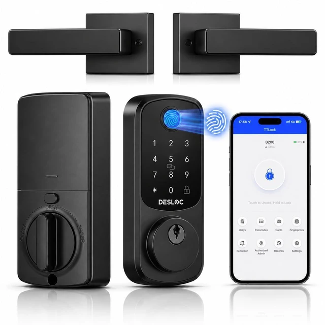 Main image of B200 Fingerprint Smart Lock with 2 Lever Handles Set,Front Door Lock Bluetooth App Control, Fob Unlock, Touchscreen Keypad, Remote Access Sharing, Auto Lock, User Management, Low Battery Alert