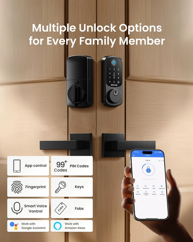 Alt view image 4 of 7 - B200 Fingerprint Smart Lock with 2 Lever Handles Set,Front Door Lock Bluetooth App Control, Fob Unlock, Touchscreen Keypad, Remote Access Sharing, Auto Lock, User Management, Low Battery Alert