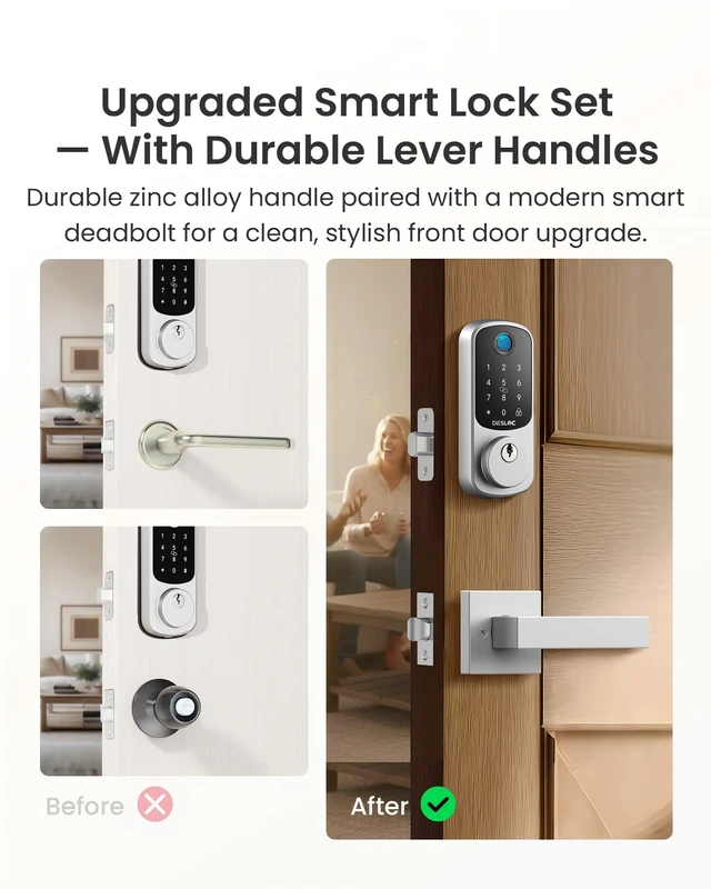 Alt view image 2 of 7 - B200 Fingerprint Smart Lock with 2 Lever Handles Set,Front Door Lock Bluetooth App Control, Fob Unlock, Touchscreen Keypad, Remote Access Sharing, Auto Lock, User Management, Low Battery Alert