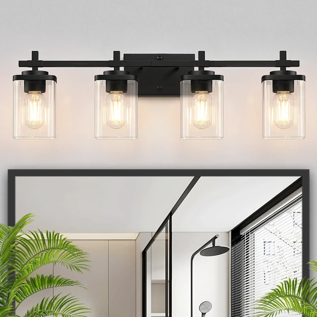 Main image of 4-Lights Matte Black Bathroom Light Fixture, Modern Black Vanity Lights Over Mirror with Clear Glass Shade, Bathroom Wall Mounted Lamp for Mirror Living Room Hallway Cabinet